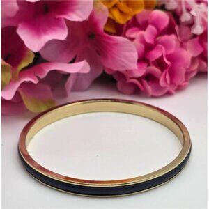 Gold Tone Bangle Bracelet with Navy Blue Leather Inlay 8.5 Inch Minimalist